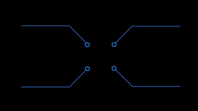 Four black lines with circles at ends arranged symmetrically on black background abstract connection 4k video...