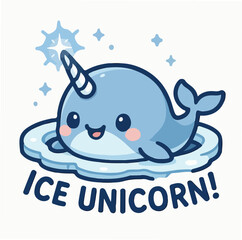 Obraz premium Cute blue narwhal cartoon character with a sparkling horn resting on a snowy ice floe in a flat vector style