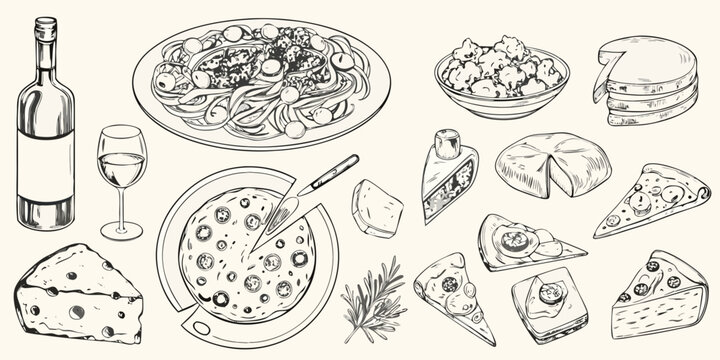 hand drawn sketch collection of italian food items pizza pasta cheese wine