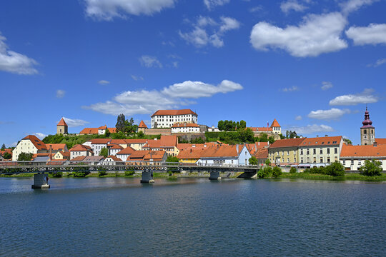 Drava River and panorama of the historic town of Ptuj, Slovenia