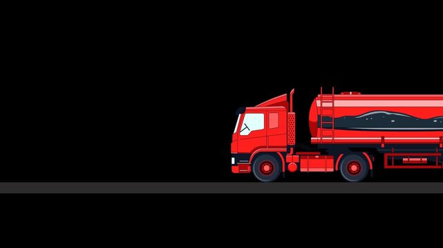 Animated red fuel tanker truck driving on road isolated on black background