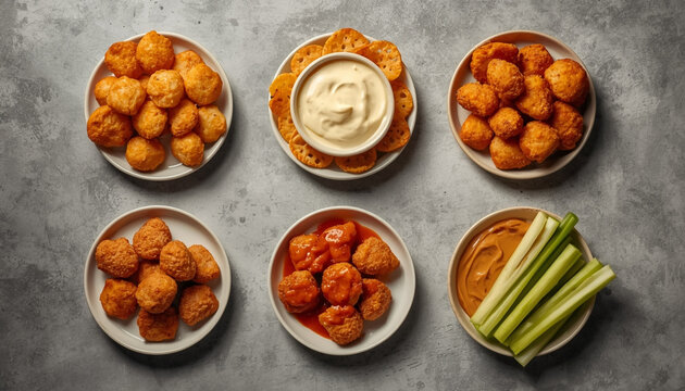 A delicious assortment of golden tater tots served with dipping sauces and fresh celery sticks on white plates