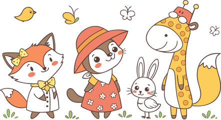 Cute cartoon woodland and safari animals collection featuring sweet fox giraffe cat and rabbit character vector illustration banner.Cute cartoon woodland and safari animals collection featuring sweet  © MdAnowar