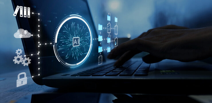 Businesswoman Using Ai artificial intelligence on laptop to document management concept, online documentation database and digital file storage system or software, records keeping, database technology