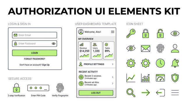 Authorization UI Elements Kit: Login, Dashboard, Icons for Web & App Design