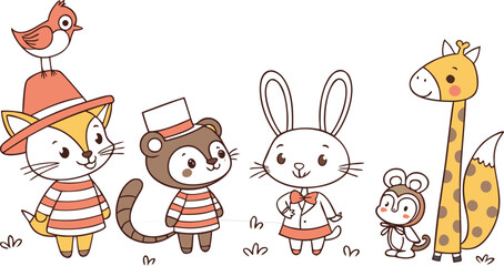 Cute cartoon woodland animals collection featuring sweet fox giraffe raccoon monkey and rabbit character vector illustration bannerCute cartoon woodland animals collection featuring sweet fox giraffe  © MdAnowar