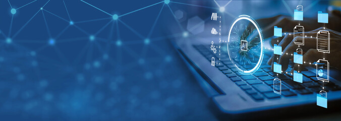Naklejka na ściany i meble Businesswoman Using Ai artificial intelligence on laptop to document management concept, online documentation database and digital file storage system or software, records keeping, database technology