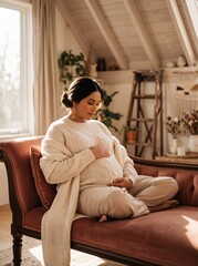 Obraz premium South Asian mother modeling in a knit sweater lounge, embracing maternity anticipation