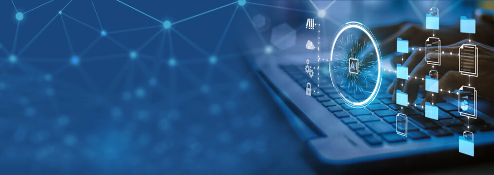 Businesswoman Using Ai artificial intelligence on laptop to document management concept, online documentation database and digital file storage system or software, records keeping, database technology