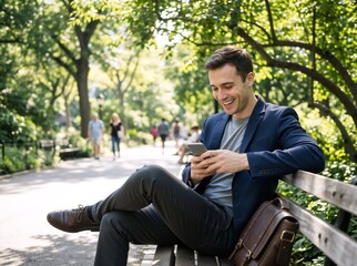 Fototapeta premium Young man using smartphone while sitting on a park bench. Smiling male professional reading messages outdoors. Casual business lifestyle
