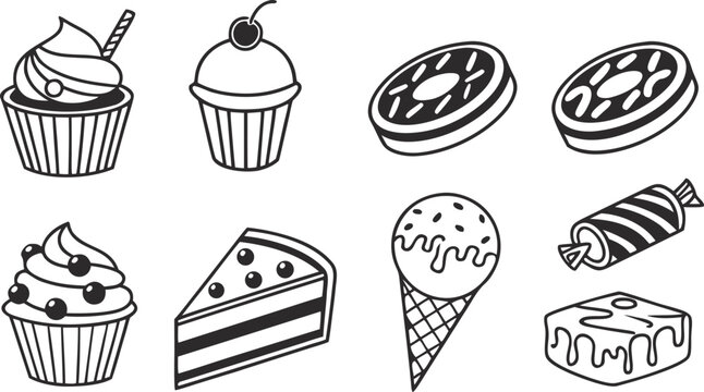 Sweet dessert and bakery outline icon set featuring cartoon cupcakes chocolate cake slice ice cream cone donut and candy vector illustration.Sweet dessert and bakery outline icon set featuring cartoon
