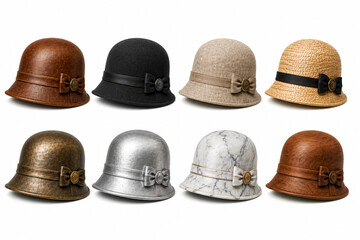Fototapeta premium cloche hat, vintage hat, womens hat, hat collection, isolated on white, leather cloche, straw cloche hat, bronze hat, silver hat, marble hat