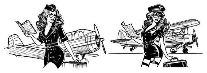 Vintage pinup pilot woman with biplane vector illustration, retro military uniform female characters with luggage and map © Luka