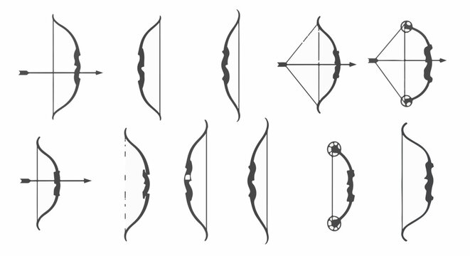 Collection of various bow and arrow designs, showing different styles and perspectives