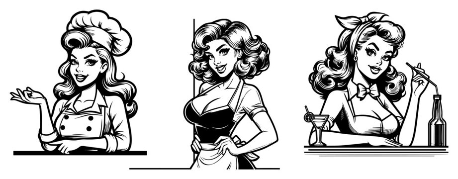 Vintage pinup chef and bartender vector set, retro woman cook and waitress with cocktail collection