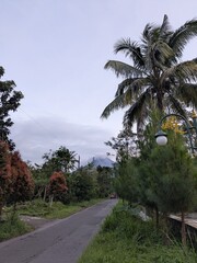 Fototapeta premium Rural road leading towards a distant mountain in a tropical landscape.
