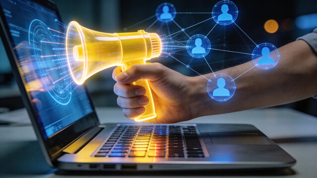 Digital Marketing and Social Media Communication Concept with Megaphone and Network Connections