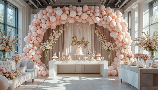 Modern baby shower venue with blush and ivory balloon installations, fresh flower arrangements, luxury dessert station, soft natural lighting