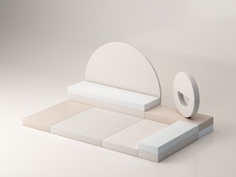 A minimalist and aesthetically pleasing podium with geometric shapes, cubes, cylinders, and arches in soft, natural tones. Axonometric view to showcase cosmetic and skincare products.