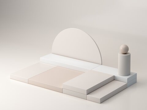 A minimalist and aesthetically pleasing podium with geometric shapes, cubes, cylinders, and arches in soft, natural tones. Axonometric view to showcase cosmetic and skincare products.
