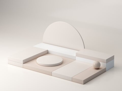 A minimalist and aesthetically pleasing podium with geometric shapes, cubes, cylinders, and arches in soft, natural tones. Axonometric view to showcase cosmetic and skincare products.