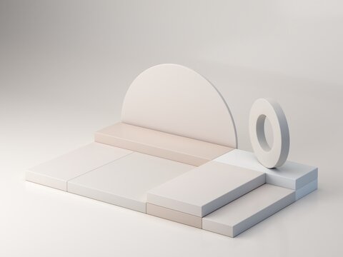 A minimalist and aesthetically pleasing podium with geometric shapes, cubes, cylinders, and arches in soft, natural tones. Axonometric view to showcase cosmetic and skincare products.