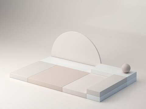 A minimalist and aesthetically pleasing podium with geometric shapes, cubes, cylinders, and arches in soft, natural tones. Axonometric view to showcase cosmetic and skincare products.