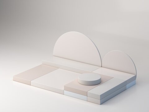 A minimalist and aesthetically pleasing podium with geometric shapes, cubes, cylinders, and arches in soft, natural tones. Axonometric view to showcase cosmetic and skincare products.