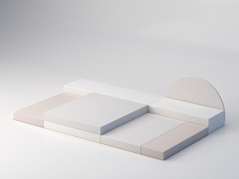 A minimalist and aesthetically pleasing podium with geometric shapes, cubes, cylinders, and arches in soft, natural tones. Axonometric view to showcase cosmetic and skincare products.