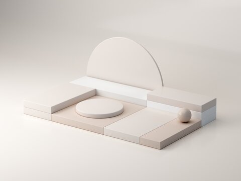 A minimalist and aesthetically pleasing podium with geometric shapes, cubes, cylinders, and arches in soft, natural tones. Axonometric view to showcase cosmetic and skincare products.