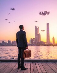 Obraz premium Businessman on a pier viewing a futuristic city skyline with drones at sunset. A powerful metaphor for innovation, smart city technology, logistics, and the future of global business.