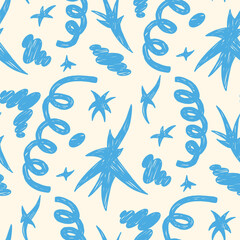 Fototapeta premium Playful seamless kid pattern with crayon squiggle on background. Cloud, starburst, confetti and fluffy blob for childish kindergarten print. Naive vector seamless backdrop with playful aop motif.