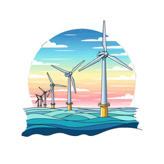 A row of wind turbines stands in the ocean during a colorful sunset © Xalsa