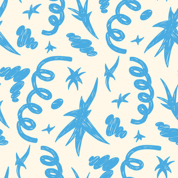 Playful seamless kid pattern with crayon squiggle on background. Cloud, starburst, confetti and fluffy blob for childish kindergarten print. Naive vector seamless backdrop with playful aop motif.
