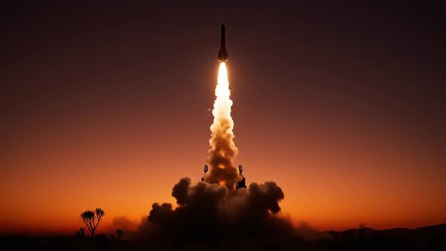 Spectacular rocket launch into space at sunset with fiery flames and smoke.