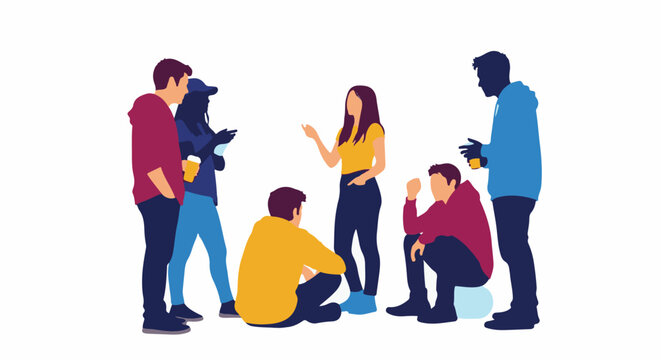 Diverse group of young adults casually gathered, some standing, some sitting