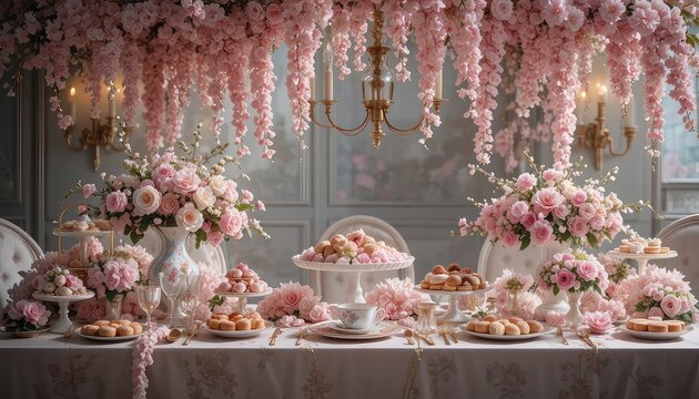 Sophisticated floral tea party setup with cascading pink blossoms, vintage dessert stands, luxury pastries, elegant table styling
