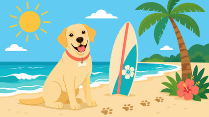 Labrador Retriever on Tropical Beach: A happy Labrador Retriever sits on a sandy beach next to a surfboard, with a palm tree and the ocean in the background under a sunny sky. © Ahmed