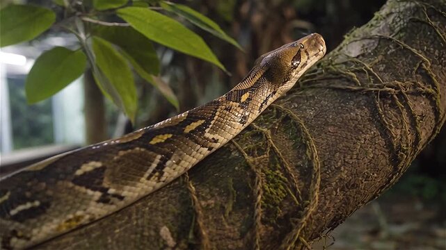 Close up of The reticulated python (Malayopython reticulatus) crawling on tree at night , Singapore.

