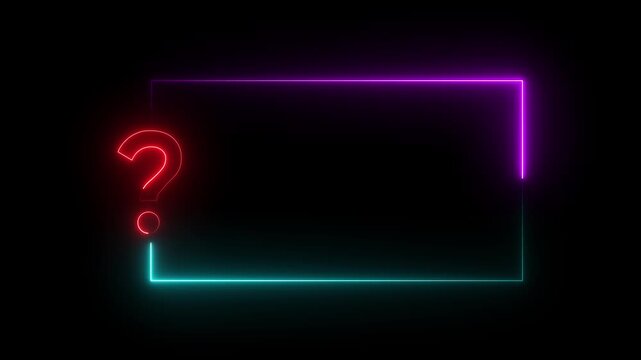 Purple neon question mark and rectangle frame on black background symbol punctuation 4k video...
