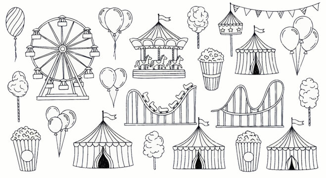 Collection of Hand-Drawn Carnival and Amusement Park Attractions.