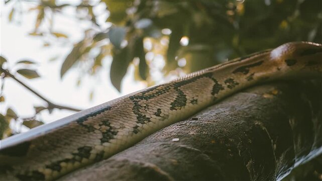 Close up of The reticulated python (Malayopython reticulatus) crawling on tree at night , Singapore.
