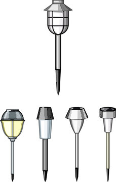Various designs of outdoor solar powered garden lamps standing on white background, offering sustainable lighting solutions for pathways and landscapes