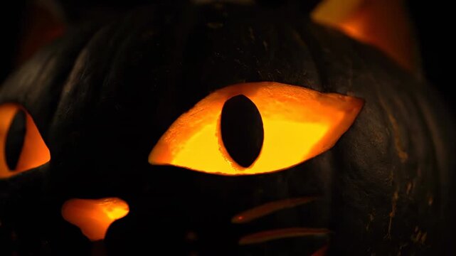 A close-up cinematic shot of a mischievously winking black cat eye made from carved pumpkin, surrounded by flickering, warm amber light close-up, festive, silly