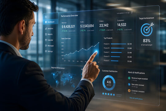 Future-focused executive interpreting complex data visualizations on a cutting-edge holographic interface to unlock growth opportunities and enhance decision-making