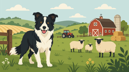 Farm Border Collie Portrait: A smiling Border Collie stands proudly on a vibrant green farm, with sheep, a tractor, and a classic red barn in the background under a clear blue sky. © Ahmed