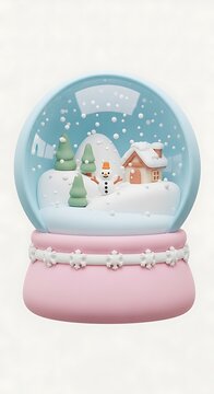 Pastel Winter Snow Globe Displaying Snowman and Cabin on Soft Background