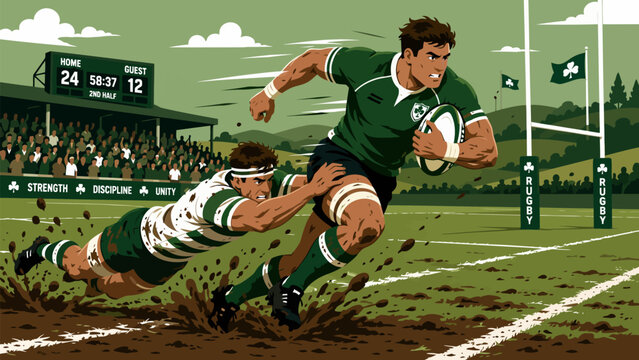 Rugby Clash: A dynamic illustration of a rugby player in mid-stride, evading a tackle on a muddy field, capturing the intensity and physicality of the sport.