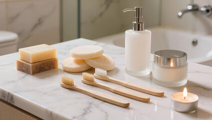Naklejka premium Natural Bathroom Essentials with Bamboo Toothbrushes and Soaps