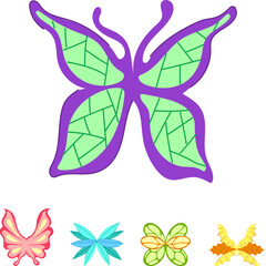 Naklejka premium Diverse collection of stylized butterfly wings, including a large purple and green insect, showing creative interpretations of nature and fantasy elements